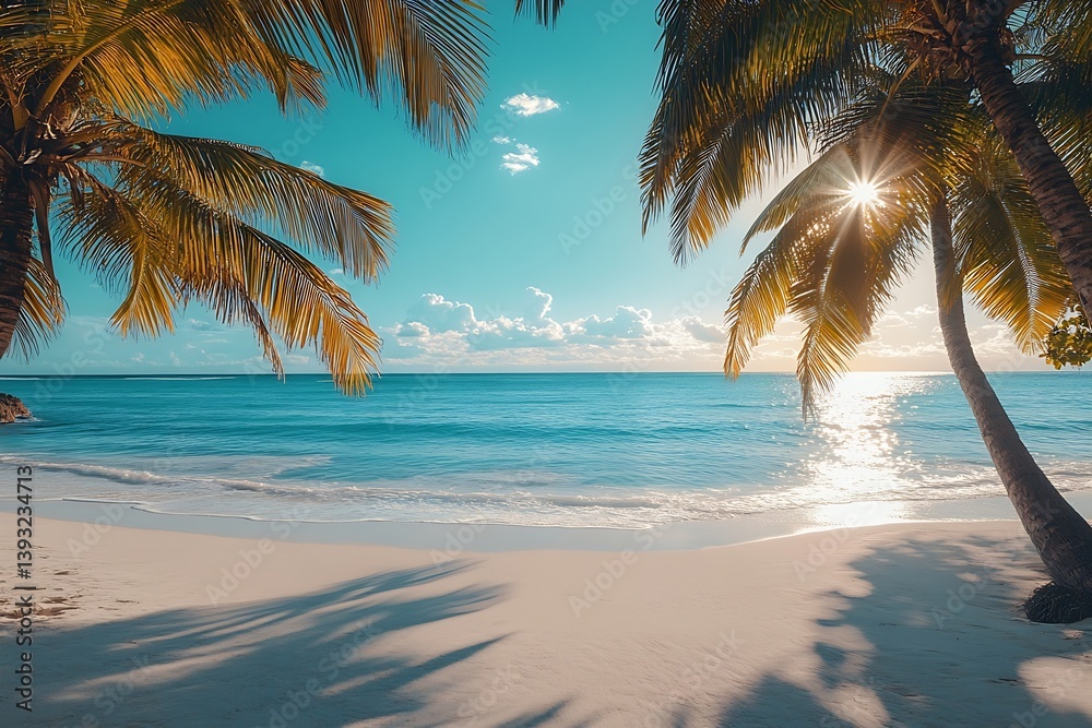 Poster tropical beach paradise with palm trees and sparkling ocean water perfect for summer getaways and va