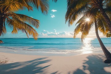 Fototapeta premium Tropical Beach Paradise with Palm Trees and Sparkling Ocean Water Perfect for Summer Getaways and Vacation Backgrounds : Generative AI