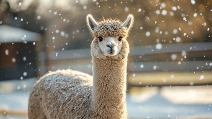Fototapeta premium Fluffy alpaca standing in snowy winter scene.