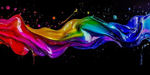 Dynamic drips of vibrant, glossy rainbow paint flow down against a stark black background. Abstract, creative, and colorful.