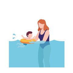 Fototapeta premium Woman helping child float in water with flat and colorful vector art