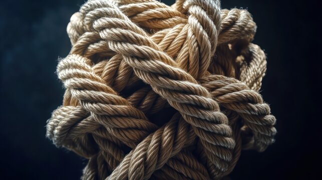 A tightly knotted bundle of thick ropes, woven in a complex interlaced pattern, individual fibers showing subtle fraying, set against a dark