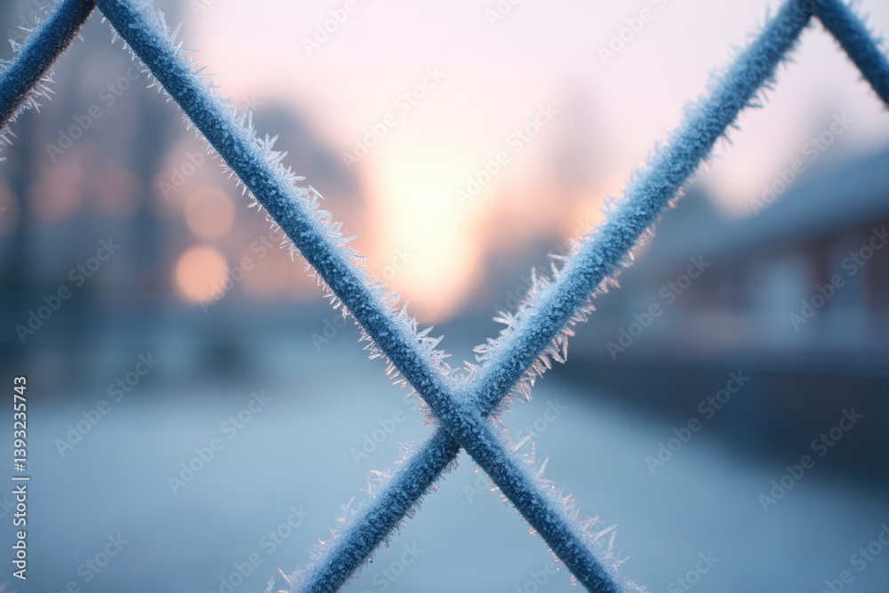 Poster intricate frost patterns on metal gate are highlighted by soft morning light creating clean and eleg