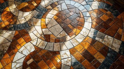 A top-down perspective of a beautifully arranged mosaic floor, featuring a diverse combination of colors and textures in an interconnected design, professionally