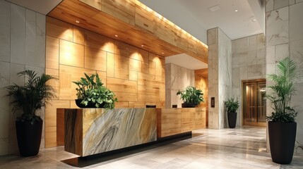 A sophisticated hotel lobby with light oak wood finishes, a polished marble reception desk, and vibrant green plants