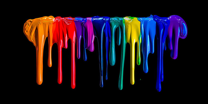 Dynamic drips of vibrant, glossy rainbow paint flow down against a stark black background. Abstract, creative, and colorful.