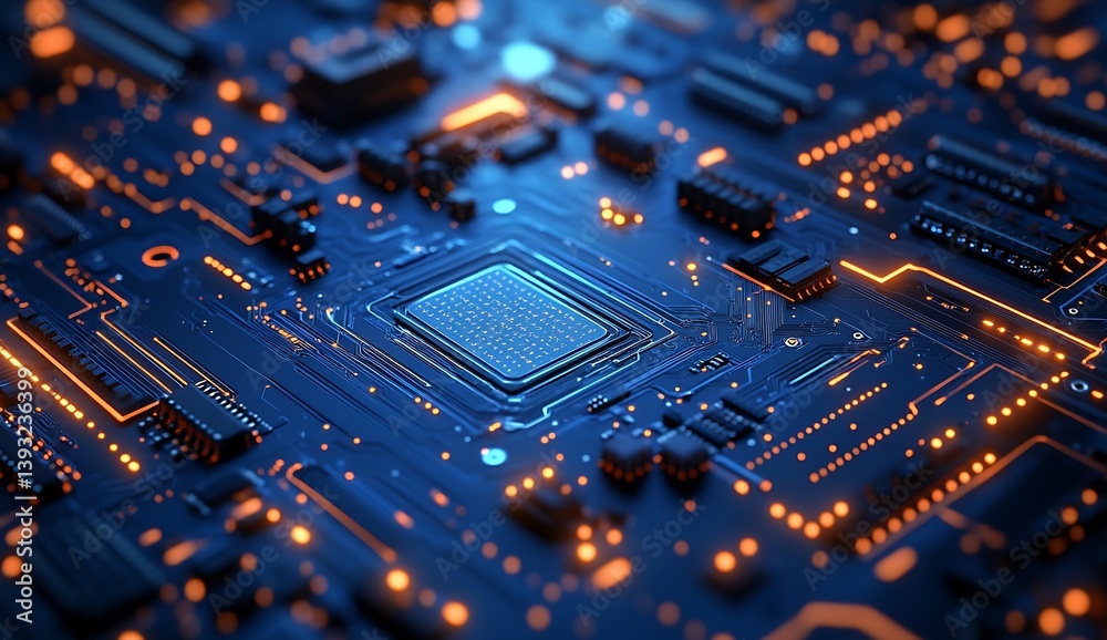 Poster Captivating image of a processor amid sophisticated circuit pathways illuminated with bright blue and orange lights for a digital allure : Generative AI