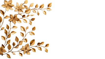 Golden floral pattern on black background, decorative floral art, cut out transparent