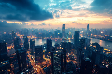 Fototapeta premium Cityscape at Night with Skyscrapers and Light Trails under Cloudy Sky