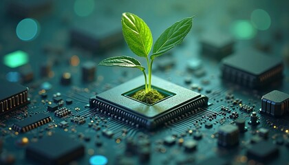 Green Sprout Growing from Computer Chip, Symbolizing Sustainable Technology and Eco-Friendly Innovation in Digital Computing  
