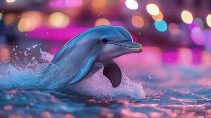A Playful Dolphin Leaping Through Water With Glowing Background