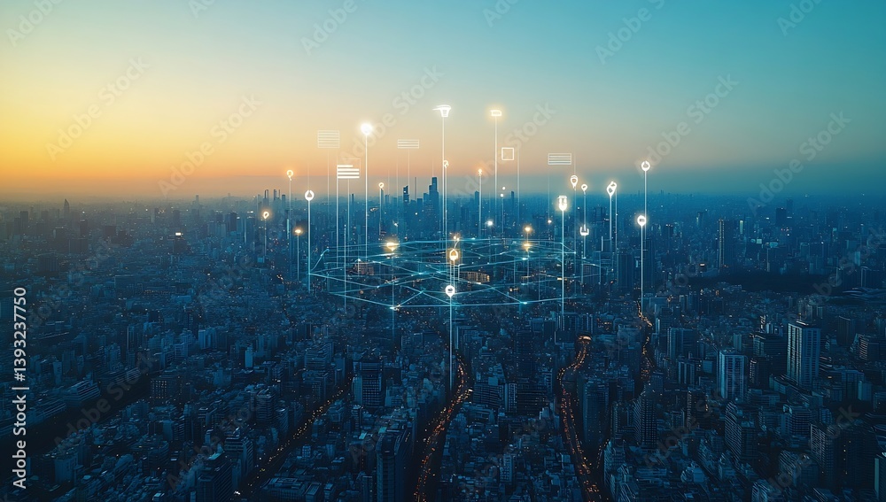 Poster futuristic cityscape with digital network overlay at dusk. technology and connectivity concept : gen