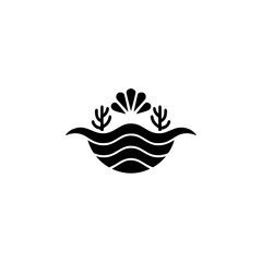 Minimalist Sea Logo: Waves, Coral, and Sunrise, Black & White