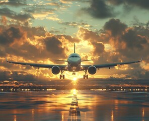 Airplane Landing on Runway at Sunset with Dramatic Sky and Reflections Commercial Aviation and Travel Theme : Generative AI