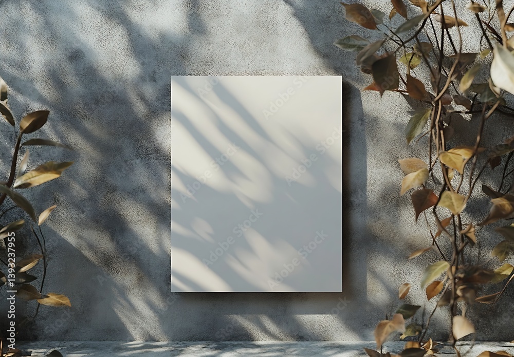 Poster blank white poster mockup on concrete wall with shadow and vines minimalist design template presenta