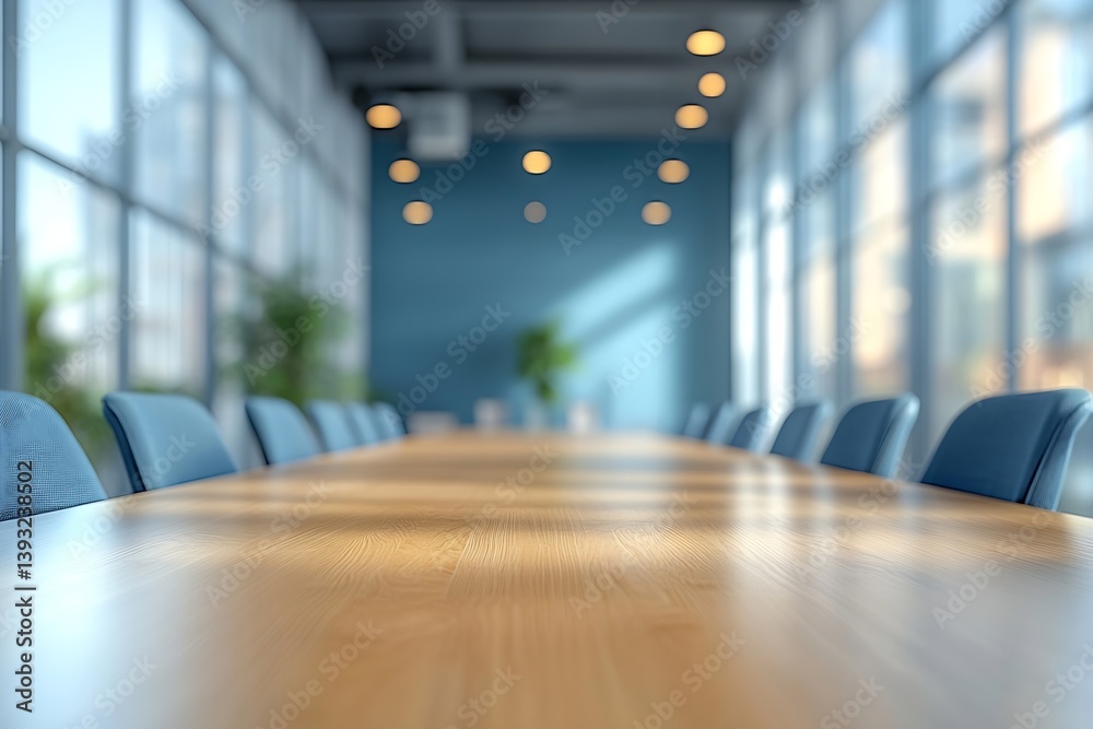 Poster modern conference room with large wooden table comfortable blue chairs and natural light from large 