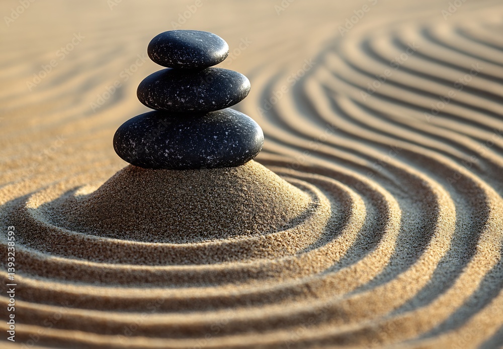 Aufkleber Stacked black stones on sandy surface with flowing patterns creating a peaceful Zen garden : Generative AI