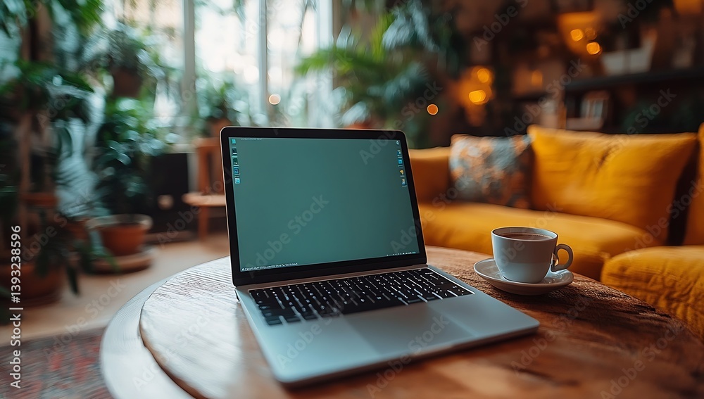 Poster open laptop on wooden table with coffee cup cozy workspace for remote work or online learning relaxe