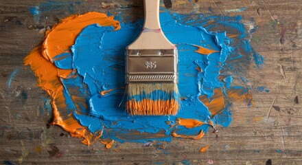 Artist's Brush and Vibrant Paint - Close-up of a paintbrush resting on a wooden surface with bright blue and orange paint