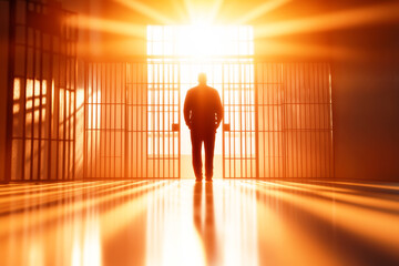 Prisoner's freedom: A silhouette of a person stands at the opening of the prison door, where rays of light shines, the ultimate hope of freedom and the end of imprisonment.