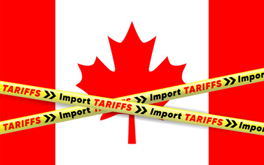 Canadian flag with yellow warning tape marked Import Tariffs symbolizing trade restrictions and economic sanctions.Economic Sanctions Symbolized with Canada Flag and Tape.Vector banner illustration