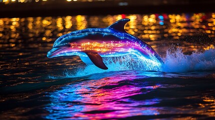 A glowing dolphin leaps from water with bright neon illumination