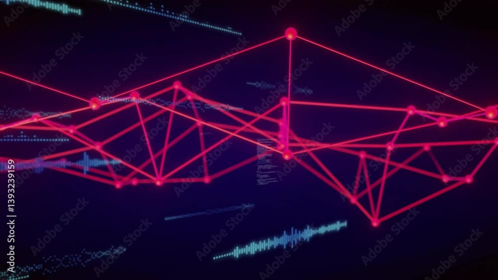 Poster animation of red geometric network with data points and lines on digital background