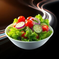Vibrant salad: fresh lettuce, juicy tomatoes, crisp cucumbers, and red onion in a white bowl. Healthy eating.