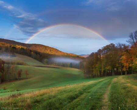 Rare fogbow arching over a quiet forest blending softly into the mist