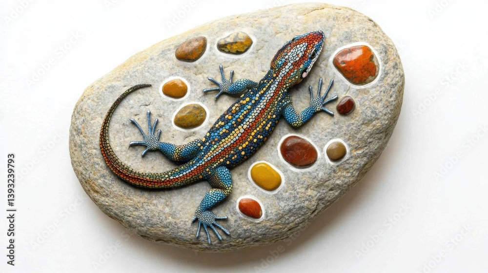 Poster Colorful lizard resting on textured rock against white background with drop shadow, showcasing vibrant patterns and details