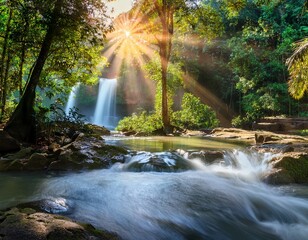 Fototapeta premium Green forest, big trees with green leaves canopy, long exposure of waterfall, ray of light
