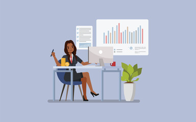 Financial Plan concept. Business woman working in office, surrounded by charts, financial reports, and a computer. Character vector illustration design.