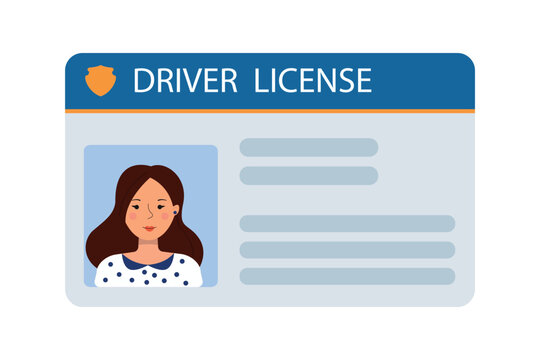 The car driver's ID card with a photo of a woman. Vehicle driver's identification card. Stamp, barcode, plastic identification card. Vector illustration in a flat style