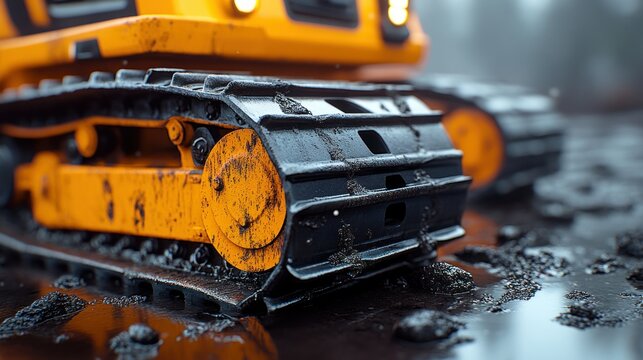 Close-up of a tracked vehicle in muddy terrain.  The vehicle's orange tracks are covered in dark mud and 