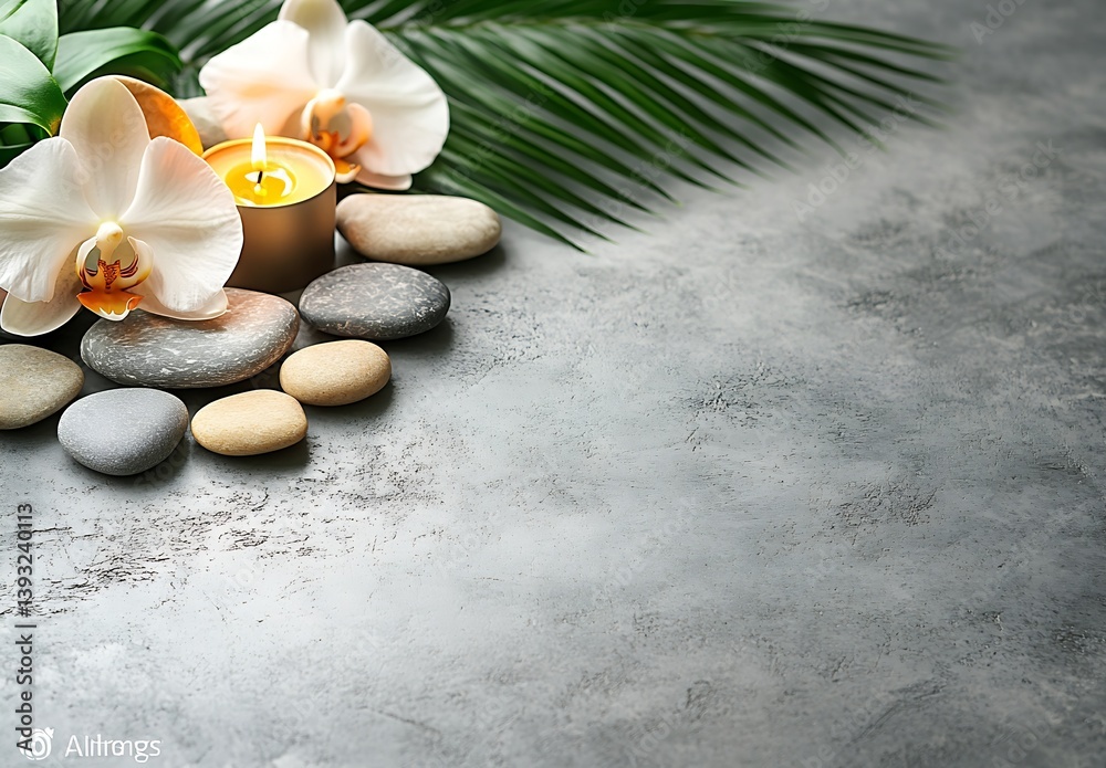 Poster relaxing spa scene with orchids candle and stones for wellness and tranquility on neutral background