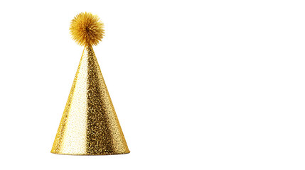 Gold Glitter Party Hat Isolated, Festive Cone with Pom Pom, cut out transparent