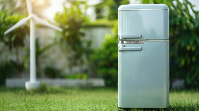 Eco-friendly refrigerator with wind turbine in lush green garden setting,World Refrigeration Day