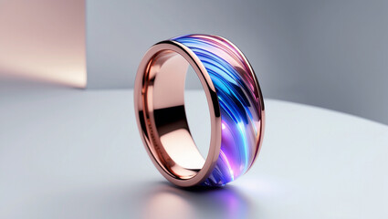 Rose Gold Ring With Blue And Purple Glowing Core On White Background