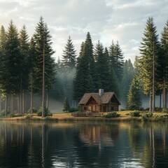 Fototapeta premium image of a cozy lakeside cabin nestled among tall fir trees isolated on a plain background 