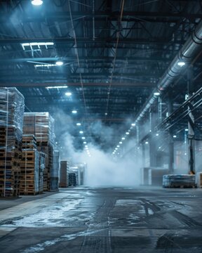 Industrial warehouse interior with stacks of pallets and misty atmosphere
