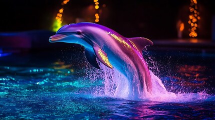 A leaping dolphin performing a beautiful jump with colorful illuminated waters