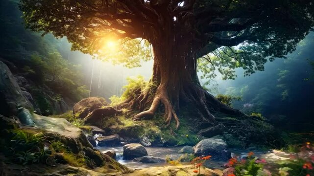 A mystical forest scene with a large tree at sunrise, captured from a low angle. The video evokes a sense of wonder and tranquility. Live desktop wallpaper.