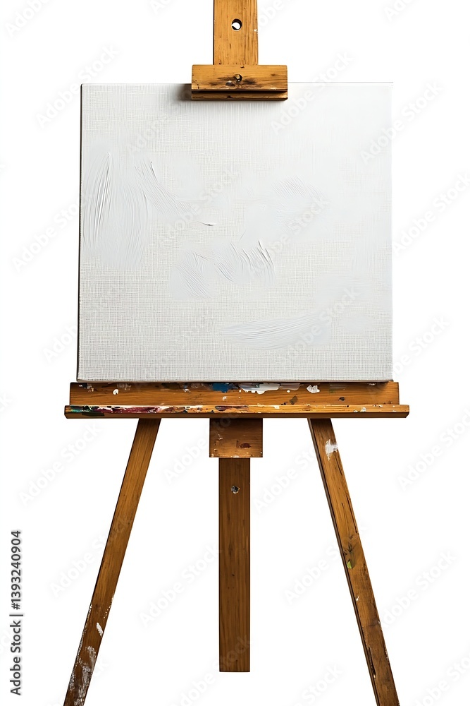Poster easel with blank canvas isolated on white ready for art painting and creative design studio equipmen