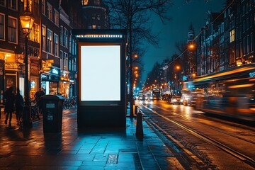 City Night Scene Billboard with Blank White Screen Reflecting City Lights and Wet Pavement Urban Vibe : Generative AI