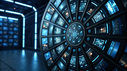 A futuristic display of screens arranged in a circular design, illuminated by blue lights, showcasing various images and data in a high-tech environment.