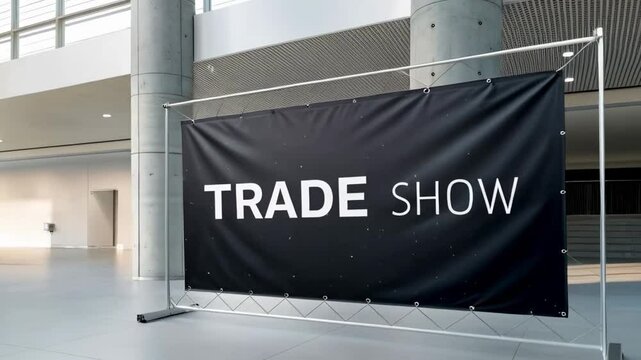 Modern trade show banner with bold typography in sleek corporate interior space under natural and artificial lighting with copy space. Follow