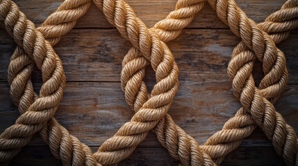 An artistic composition of thick jute ropes forming elaborate symmetrical knots, meticulously arranged on a rustic wooden surface, with soft ambient lighting