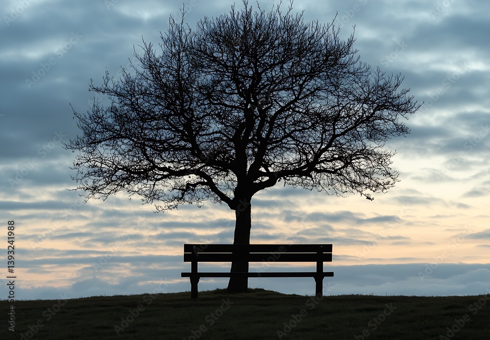 Aufkleber Charming silhouette of a tree and empty bench against a tranquil sky adorned with soft clouds at twilight : Generative AI