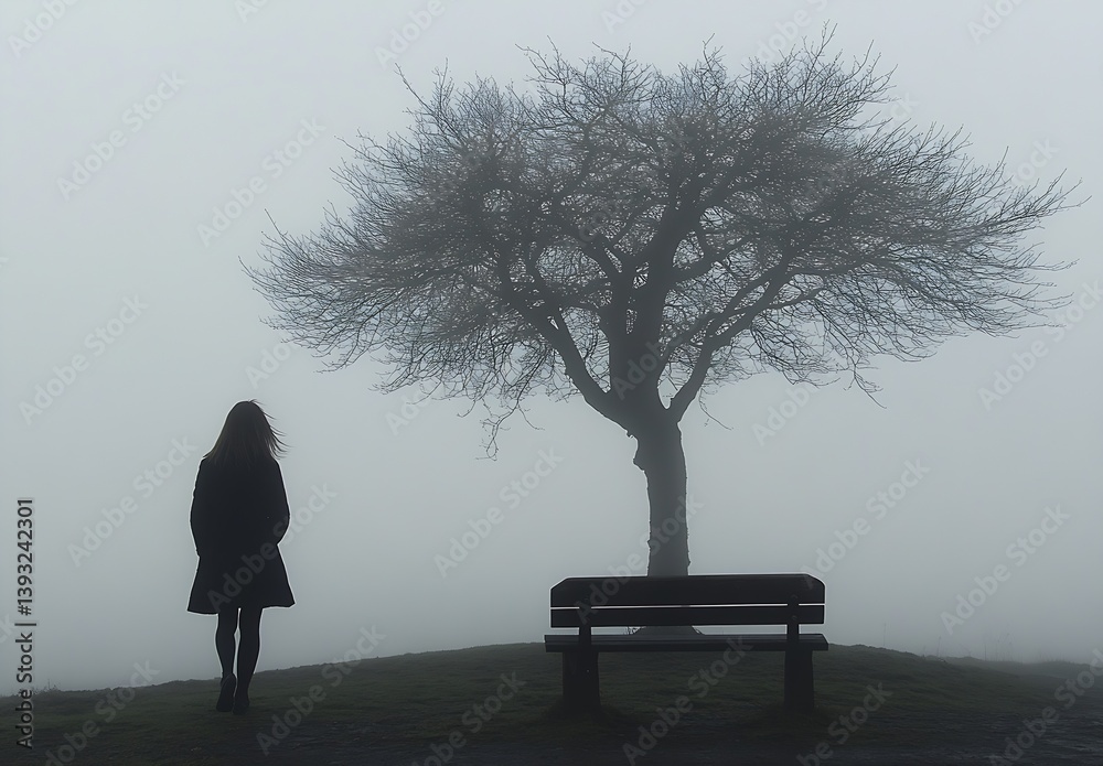 Poster a quiet moment captured with a woman and tree in a foggy environment : generative ai