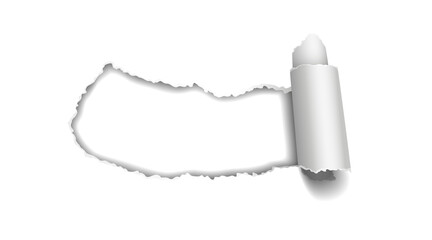 Realistic hole torn in white paper with curled rolled edges on transparent background